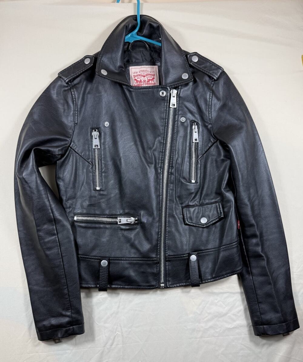 Levis Womens Faux Leather Motorcycle Jacket Black Moto Biker Small Asymmetric